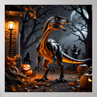 Póster Noche De Halloween Con Un Velociraptor