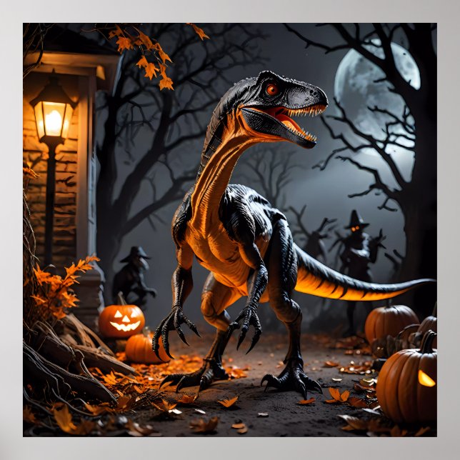 Póster Noche De Halloween Con Un Velociraptor (Frente)