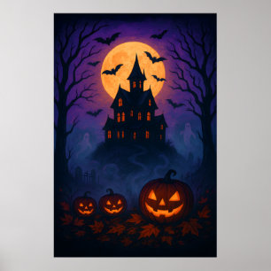 Póster Noche de Halloween de época con luna llena y murci