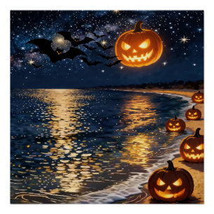 Póster Noche de Halloween en la playa a la luz de la luna