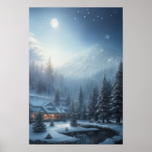 Póster Noche de invierno nevada, una casa acogedora en el