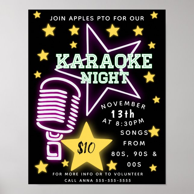 Póster Noche de karaoke, noche de micrófono abierto, come (Frente)