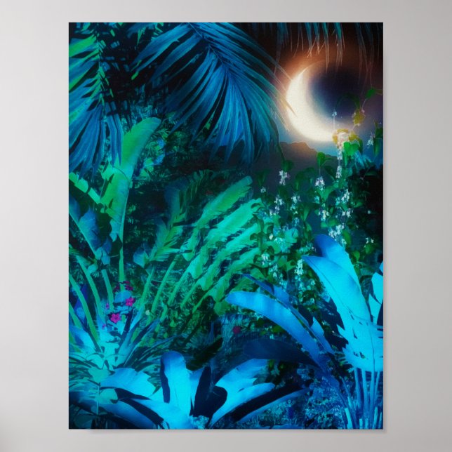 Póster Noche de la luna Jungla tropical hojas azul platea (Frente)
