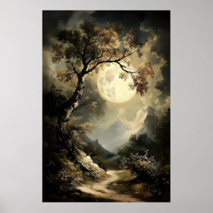 Póster Noche de luna y estrellas en el bosque, dark acade