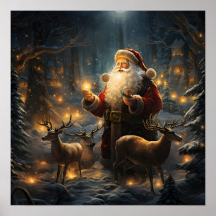 Póster Noche de Navidad de Santa en el Bosque Nevado