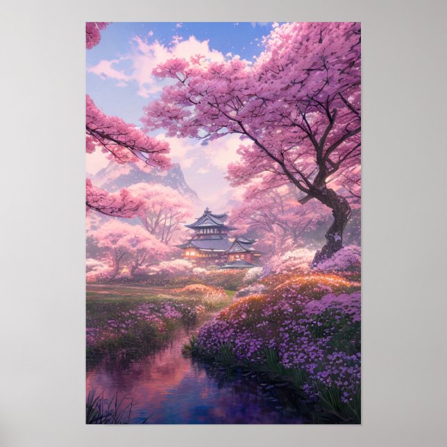 Póster Noche de primavera con flores de cerezo (Frente)