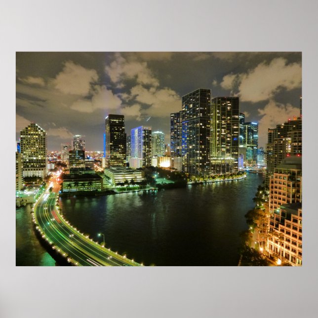 Póster Noche de skyline de Miami (Frente)