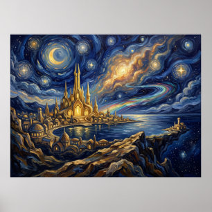 Póster Noche estrellada de Asgard Marvel Paisaje de cómic