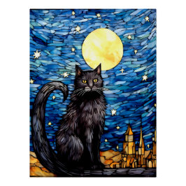 Póster Noche estrellada de gato negro de vidrio manchado