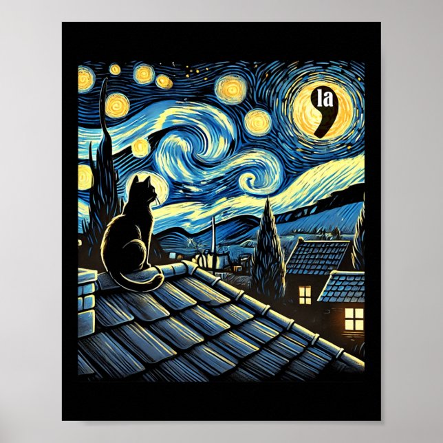 Póster Noche estrellada de Halloween Gato negro coma La K (Frente)