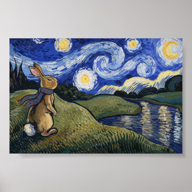 Póster Noche estrellada de Van Gogh con Bunny (Frente)