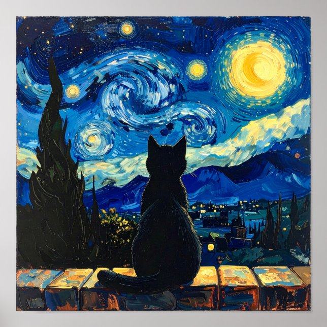 Póster Noche estrellada de Van Gogh con gato negro (Frente)