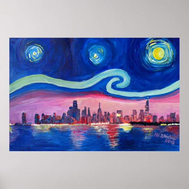 Póster Noche estrellada en Chicago Illinois con el lago M (Frente)