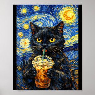 Póster Noche estrellada gato negro café estilo van gogh d