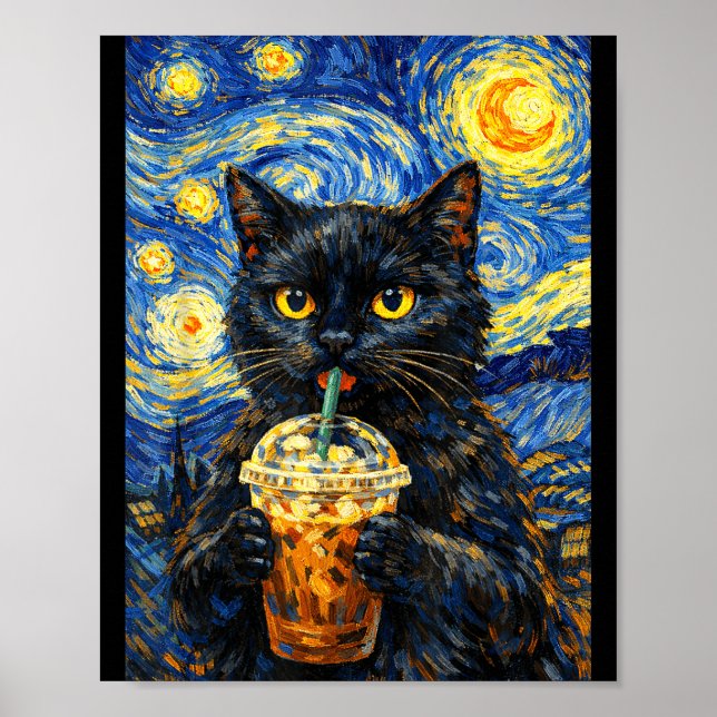 Póster Noche estrellada gato negro café estilo van gogh d (Frente)
