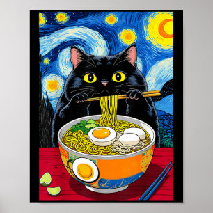 Póster Noche estrellada gato negro gordo Ramen Grasa negr
