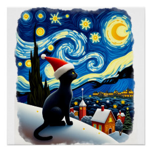 Póster Noche estrellada Gato negro sombrero de Santa Navi