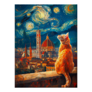 Póster Noche estrellada sobre Florencia Arte de gato pe
