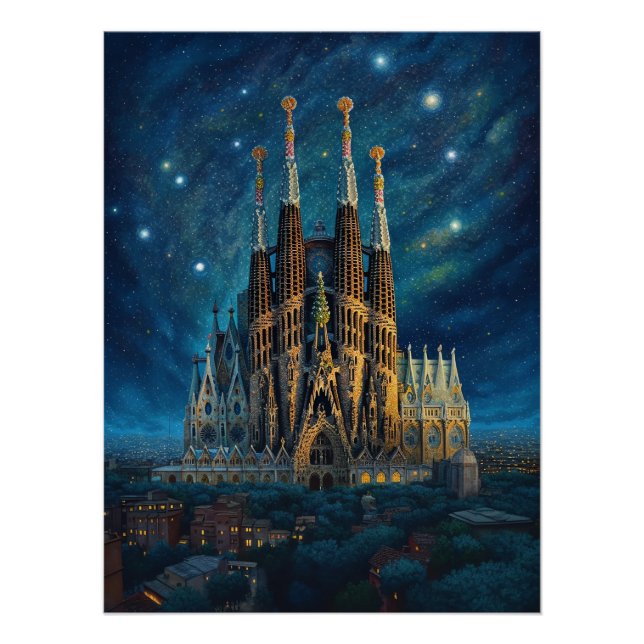Póster Noche estrellada sobre la Sagrada Familia Barcelon (Anverso)