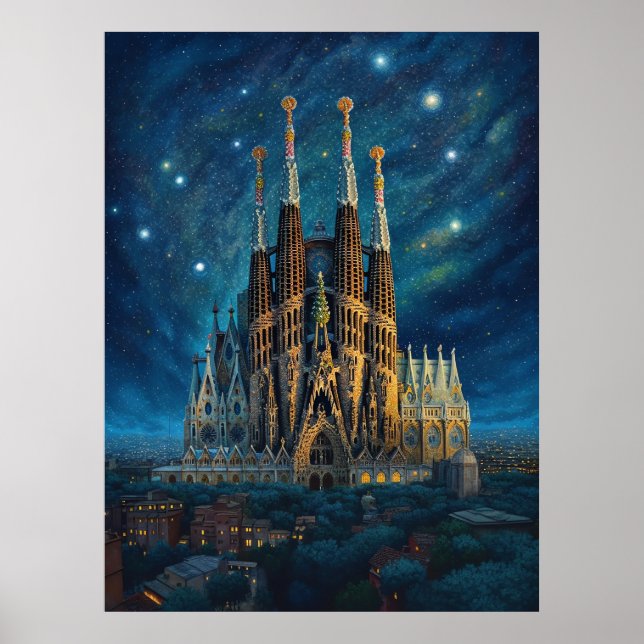 Póster Noche estrellada sobre la Sagrada Familia Barcelon (Frente)
