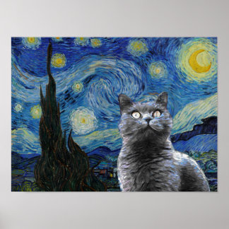Póster Noche estrellada Vincent Van Gogh Cute Cat Kitten