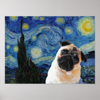 Póster Noche estrellada Vincent Van Gogh Cute Pug Dog