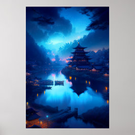 Póster Noche iluminada, histórico pueblo japonés