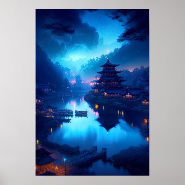 Póster Noche iluminada, histórico pueblo japonés (Frente)