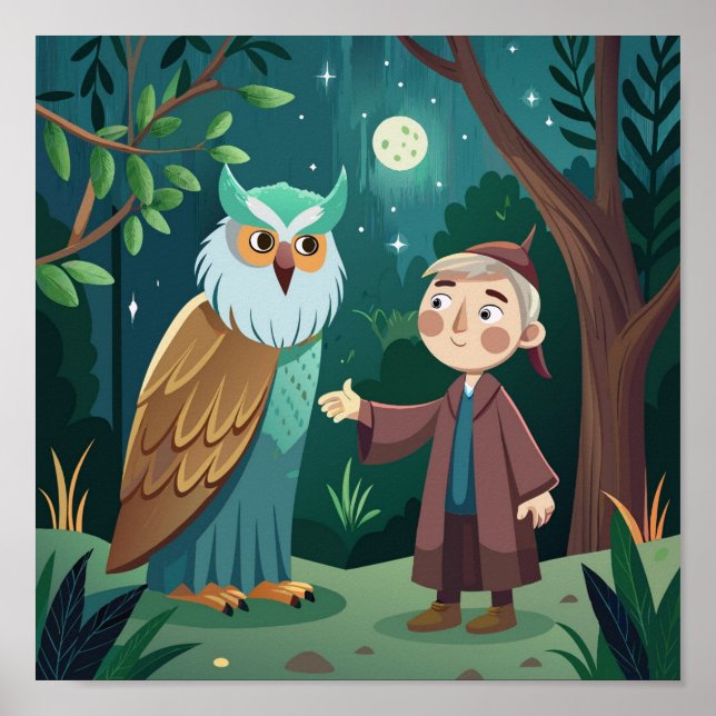 Póster Noche mágica en el bosque: Chico y búho (Frente)