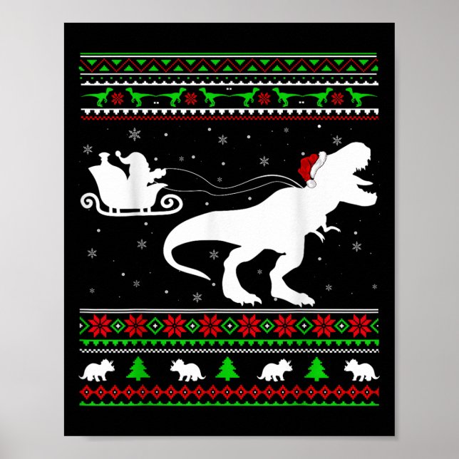 Póster Noche navideña Santa Sleigh Riding Dinosaur T-rex  (Frente)