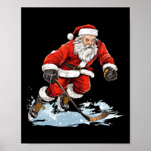 Póster Noche navideño divertido Santa jugando al hockey s