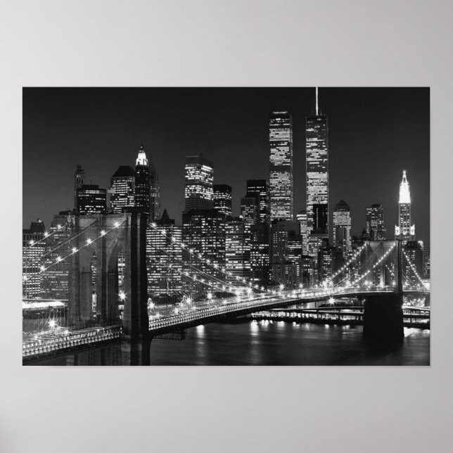 Póster Noche Nueva York del puente Black White Brooklyn (Frente)