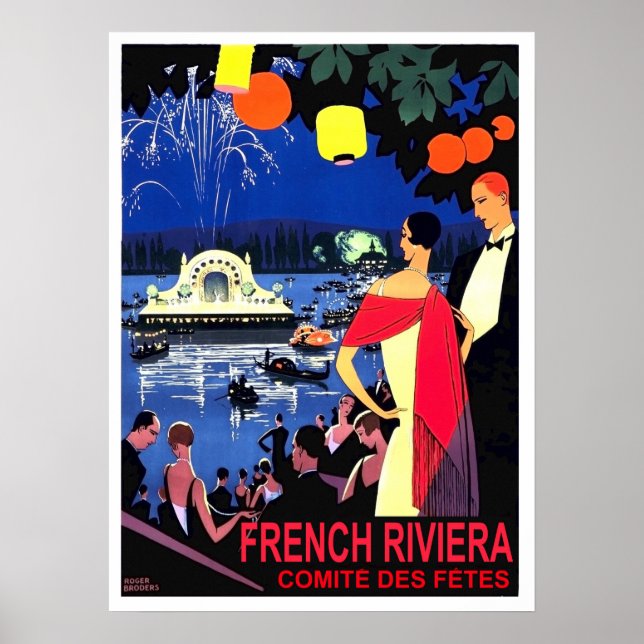Póster Noche romántica en la riviera francesa, viaje vint (Frente)