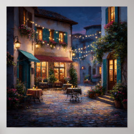 Póster Noche romántica en un café europeo de adoquín