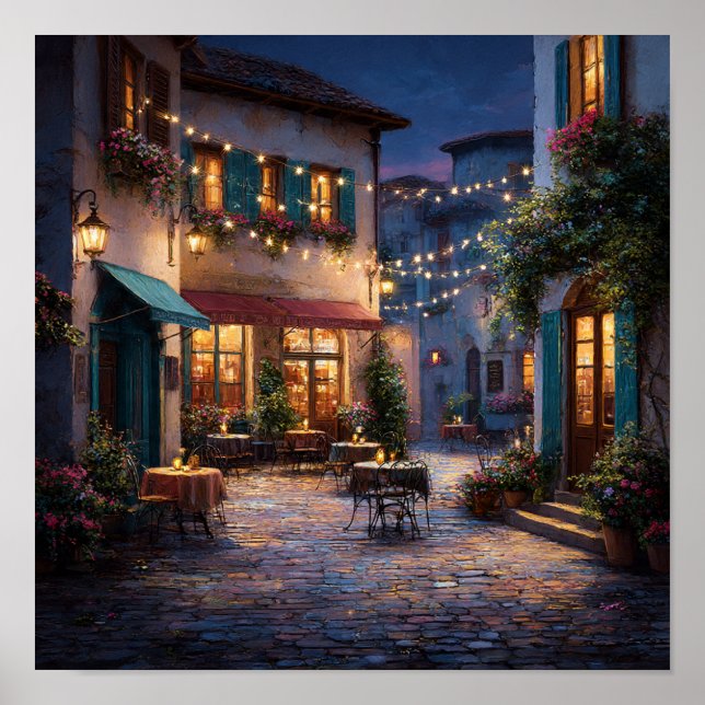Póster Noche romántica en un café europeo de adoquín (Frente)