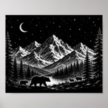Noche Salvaje en la Montaña Mística Estilo Linocut