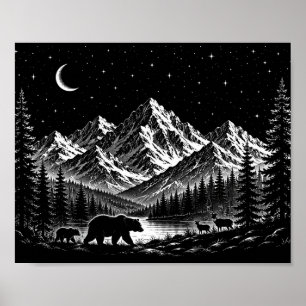 Póster Noche Salvaje en la Montaña Mística Estilo Linocut