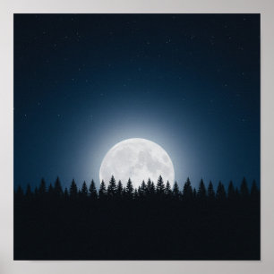 Póster Noche Silenciosa: Luna Llena Sobre Silueta de Bosq