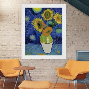 Póster Noche Starry Se Encuentra Con Sunflowers De Ricaso