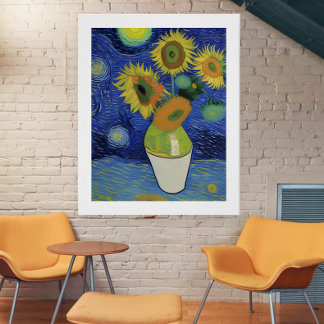 Póster Noche Starry Se Encuentra Con Sunflowers De Ricaso