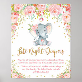Póster Noche tardía Diapers Rótulo Elefante Rosa Baby Sho