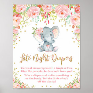 Póster Noche tardía Diapers Rótulo Elefante Rosa Baby Sho