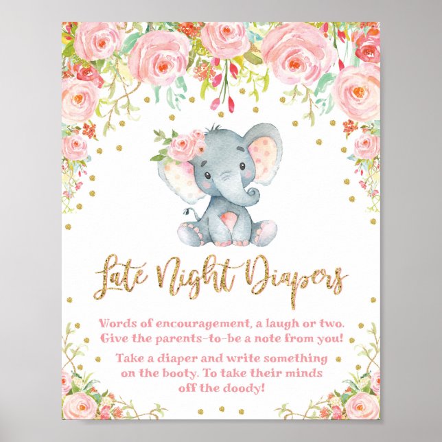 Póster Noche tardía Diapers Rótulo Elefante Rosa Baby Sho (Frente)