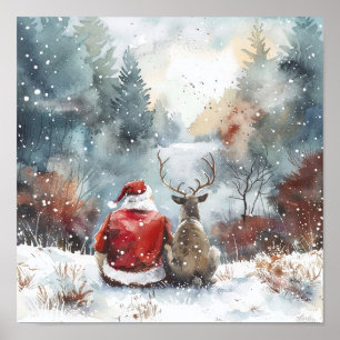 Póster Noche Tranquila de Navidad – Santa y Reno Invierno