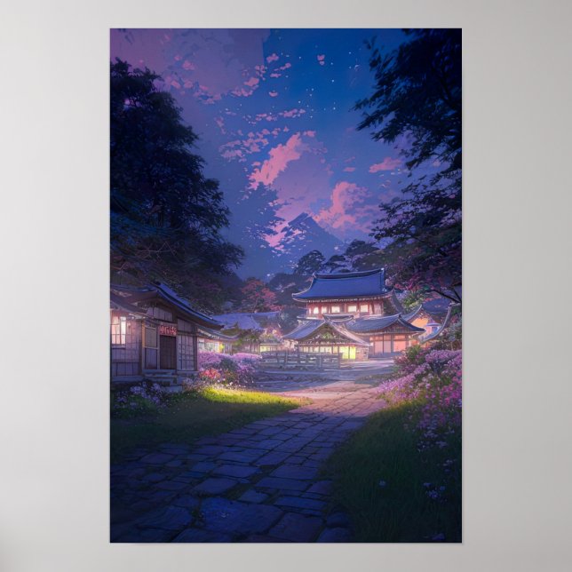 Póster Noche tranquila en una aldea rural japonesa (Frente)