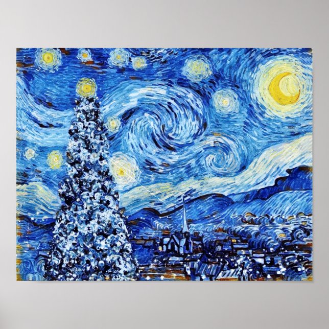 Póster Noche Van Gogh Starry - Árbol blanco de Navidad (Frente)