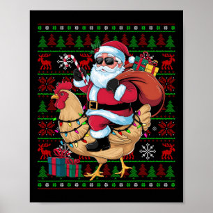 Póster Nochebuena fea luz divertida Santa Riding Pollo C