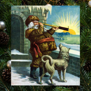 Póster Nochebuena vintage Santa Claus Telescope Dog Sunse