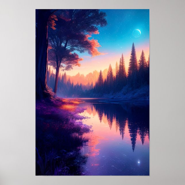 Póster Noches celestes, río Starlit en el bosque (Frente)