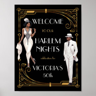 Póster Noches de Harlem Deco Flapper y caballero bienveni